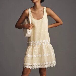 NWT Anthropologie Maeve Scoop-Neck Daisy Border Drop-Waist Mini Dress L